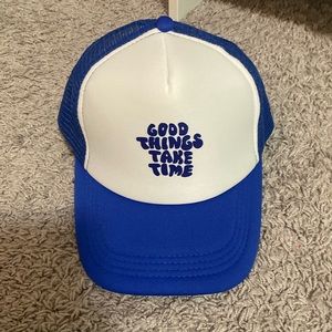 SnapBack trucker hat blue and white “good things take time”